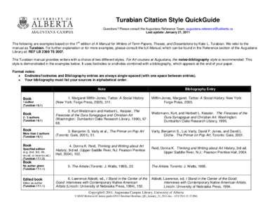 Turabian Citation Style QuickGuide Questions? Please consult the Augustana Reference Team: [removed] Last update: January 21, 2011 th