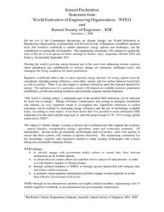 Kuwait Declaration Statement from World Federation of Engineering Organizations - WFEO and Kuwait Society of Engineers - KSE November 5, 2009