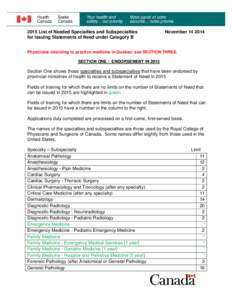 2015 List of Needed Specialties and Subspecialties for issuing Statements of Need under Category B November[removed]Physicians intending to practice medicine in Quebec: see SECTION THREE.