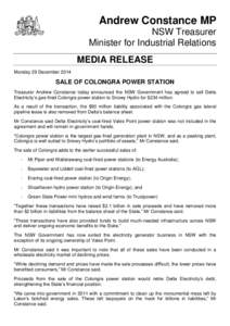 Andrew Constance MP NSW Treasurer Minister for Industrial Relations MEDIA RELEASE Monday 29 December 2014