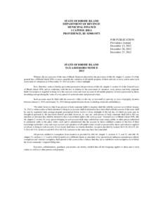 STATE OF RHODE ISLAND DEPARTMENT OF REVENUE MUNICIPAL FINANCE 1 CAPITOL HILL PROVIDENCE, RI[removed]FOR PUBLICATION: