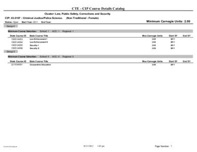 CTE - CIP Course Details Catalog Cluster: Law, Public Safety, Corrections and Security CIP: [removed]Criminal Justice/Police Science. Status: Open  Start Year: 2011