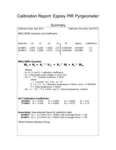 Calibration Report: Eppley PIR Pyrgeometer Summary Calibration Date: April 2012 Calibration Due Date: April 2014