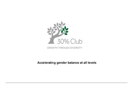 Accelerating gender balance at all levels  What is the 30% Club? • The 30% Club is a group of Chairs and CEOs committed to better gender balance at all levels of their organizations through voluntary actions. Business