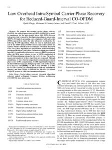 1158  JOURNAL OF LIGHTWAVE TECHNOLOGY, VOL. 31, NO. 8, APRIL 15, 2013 Low Overhead Intra-Symbol Carrier Phase Recovery for Reduced-Guard-Interval CO-OFDM