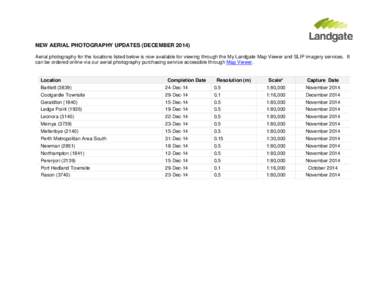 NEW AERIAL PHOTOGRAPHY UPDATES (DECEMBER[removed]Aerial photography for the locations listed below is now available for viewing through the My Landgate Map Viewer and SLIP imagery services. It can be ordered online via our