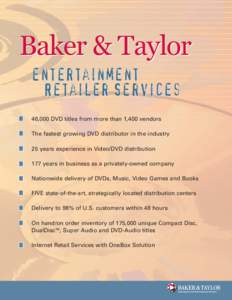 Baker & Taylor entertainment Retailer Services 46,000 DVD titles from more than 1,400 vendors The fastest growing DVD distributor in the industry 25 years experience in Video/DVD distribution