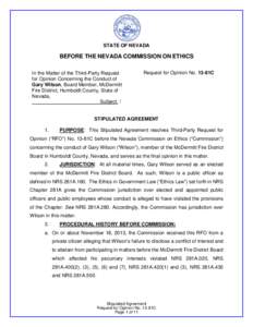 STATE OF NEVADA  BEFORE THE NEVADA COMMISSION ON ETHICS In the Matter of the Third-Party Request for Opinion Concerning the Conduct of Gary Wilson, Board Member, McDermitt