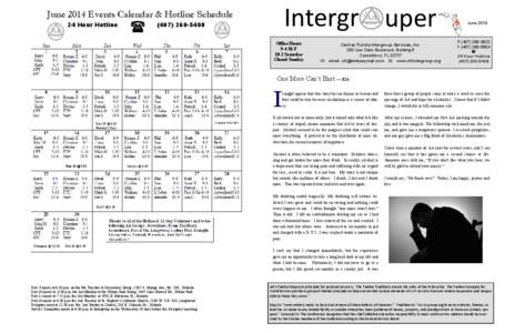 Intergr uper  June 2014 Events Calendar & Hotline Schedule 24 Hour Hotline  