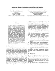 Constructing a Textual KB from a Biology TextBook Peter Clark, Phil Harrison Niranjan Balasubramanian, Oren Etzioni  Vulcan Inc