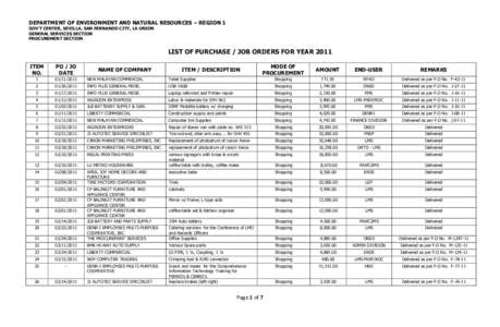 DEPARTMENT OF ENVIRONMENT AND NATURAL RESOURCES – REGION 1 GOV’T CENTER, SEVILLA, SAN FERNANDO CITY, LA UNION GENERAL SERVICES SECTION PROCUREMENT SECTION  LIST OF PURCHASE / JOB ORDERS FOR YEAR 2011