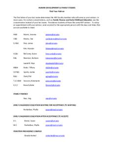 HUMAN DEVELOPMENT & FAMILY STUDIES Find Your Advisor The first letter of your last name determines the HDF faculty member who will serve as your advisor, in most cases. For certain concentrations, such as Family Finance 