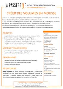 FICHE DESCRIPTIVE FORMATION Plus d’informations auCRÉER DES VOLUMES EN MOUSSE La mousse est un matériau privilégié pour des créations en volume. Légère, compressible, souple et résistante, elle 