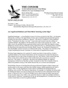 THE CONDOR An International Journal of Avian Biology Published by the Cooper Ornithological Society David S. Dobkin, Editor Hugh D. W. Powell, Managing Editor Steve C. Edwards, Editorial Assistant