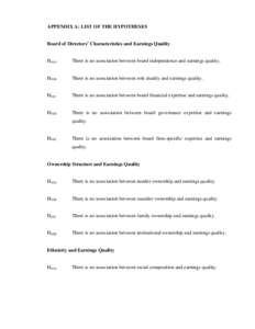 APPENDIX A: LIST OF THE HYPOTHESES  Board of Directors’ Characteristics and Earnings Quality H01A