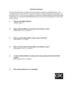 PNSS Data Worksheet The following PNSS table worksheet can be used to help you identify your health problems. The worksheet provides related Healthy People 2010 objectives, reference population expected rates, and preval