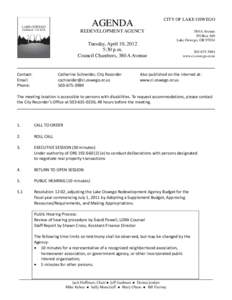 CITY OF LAKE OSWEGO  AGENDA REDEVELOPMENT AGENCY  Tuesday, April 10, 2012