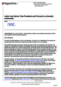 Letter from Senior Vice President and Provost to university community | Virginia Tech News |  Virginia Tech