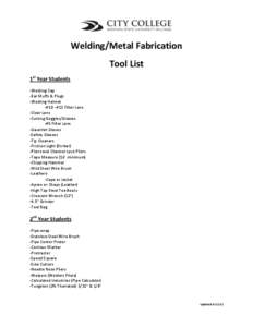 Welding/Metal Fabrication Tool List 1st Year Students -Welding Cap -Ear Muffs & Plugs -Welding Helmet