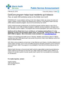 Public Service Announcement February 23, 2015 Follow AHS_Media on Twitter  QuitCore program helps local residents quit tobacco