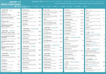 jQUERY 1.5  SELECTORS ✼ CORE ✼ ATTRIBUTES ✼ CSS ✼ TRAVERSING ✼ MANIPULATION ✼ EVENTS ✼ EFFECTS ✼ AJAX ✼ UTILITIES ✼ DEFERRED OBJECT Designed by Antonio Lupetti © 2011 • http://woorkup.com • http: