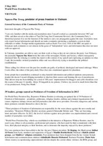 3 May 2013 World Press Freedom Day VIETNAM Nguyen Phu Trong, predator of press freedom in Vietnam General Secretary of the Communist Party of Vietnam Innermost thoughts of Nguyen Phu Trong: