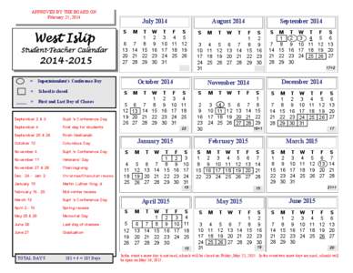 APPROVED BY THE BOARD ON February 25, 2014 West Islip  Student-Teacher Calendar