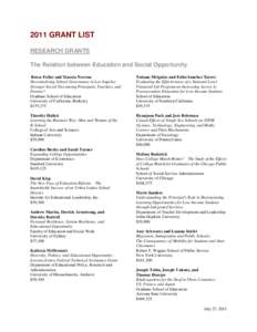 2011 GRANT LIST RESEARCH GRANTS The Relation between Education and Social Opportunity Bruce Fuller and Xiaoxia Newton Decentralizing School Governance in Los Angeles: Stronger Social Ties among Principals, Teachers, and