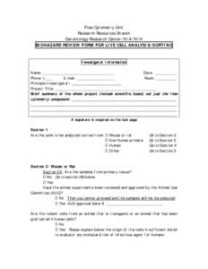 Flow Cytometry Unit Research Resources Branch Gerontology Research Center/NIA/NIH BIOHAZARD REVIEW FORM FOR LIVE CELL ANALYSIS/SORTING  Investigator Information