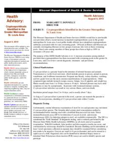 Missouri Department of Health & Senior Services  Health Advisory: Cryptosporidiosis Identified in the