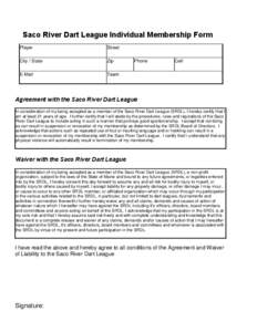 Saco River Dart League Individual Membership Form Player