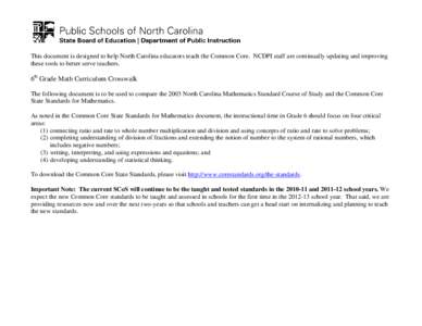 This document is designed to help North Carolina educators teach the Common Core. NCDPI staff are continually updating and improving these tools to better serve teachers. 6th Grade Math Curriculum Crosswalk The following