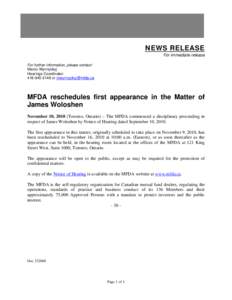 News Release - MFDA reschedules first appearance in the Matter of James Woloshen