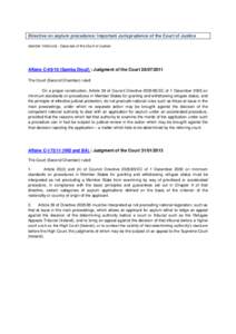 Directive on asylum procedures: Important Jurisprudence of the Court of Justice source: InfoCuria - Case-law of the Court of Justice Affaire C[removed]Samba Diouf) : Judgment of the Court[removed]The Court (Second Cham