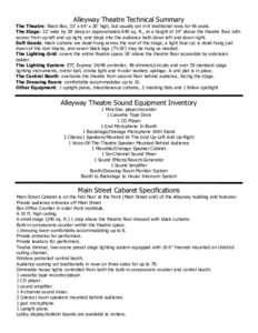 Alleyway Theatre Technical Summary  The Theatre: Black Box, 32’ x 64’ x 20’ high, but usually set in 8 traditional rows for 96 seats. The Stage: 32’ wide by 20’ deep or approximately 640 sq. ft., at a height of