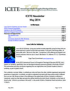 !  ICETE Newsletter May 2014 In this Issue: Love Calls for Solidarity, by Evan Hunter…………………………………………………………………………page 1