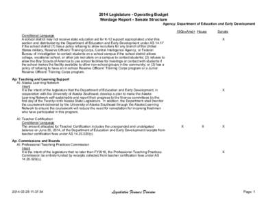 2014 Legislature - Operating Budget Wordage Report - Senate Structure Agency: Department of Education and Early Development 15GovAmd+ House Conditional Language A school district may not receive state education aid for K