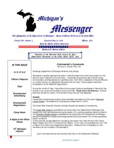 Michigan’s  Messenger The Newsletter of the Department of Michigan – Sons of Union Veterans of the Civil War Volume XXl, Number 4