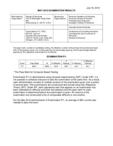 July 19, 2013 MAY 2013 EXAMINATION RESULTS Administering Organization:  Society of Actuaries