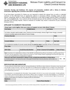 Portland State  UNIVERSITY HOUSING AND RESIDENCE LIFE  Release From Liability and Consent to