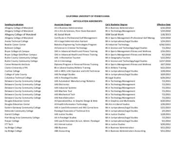 CALIFORNIA UNIVERSITY OF PENNSYLVANIA ARTICULATION AGREEMENTS Sending Institution Allegany College of Maryland Allegany College of Maryland