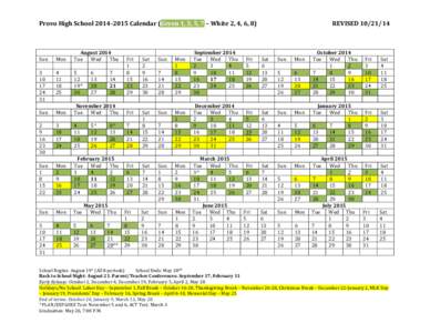 Provo	
  High	
  School	
  2014-­‐2015	
  Calendar	
  (Green	
  1,	
  3,	
  5,	
  7	
  –	
  White	
  2,	
  4,	
  6,	
  8)	
    Sun	
     3	
   10	
  