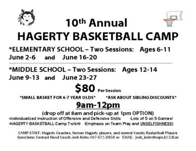 th 10 Annual HAGERTY BASKETBALL CAMP *ELEMENTARY SCHOOL – Two Sessions: Ages 6-11