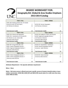 DEGREE WORKSHEET FOR: Geography BA: Global & Area Studies Emphasis[removed]Catalog YEAR 1- FALL GEOG 100: World or GEOG 110: US-Canada (counts for both LAC and major)