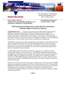 U.S. Department of the Interior Minerals Management Service NEWS RELEASE  Office of Public Affairs