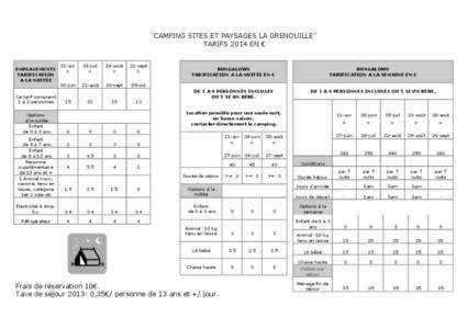 ‘’CAMPING SITES ET PAYSAGES LA GRENOUILLE’’ TARIFS 2014 EN €