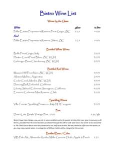 Bistro Wine List Wines by the Glass White  glass