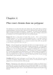 Chapitre 4 Plus court chemin dans un polygone On s’intéresse ici au calcul d’un plus court chemin entre deux points dans un environnement polygonal, c’est-à-dire dans le plan privé de l’intérieur d’une unio