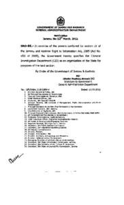 GENERAL ADMINISTRATION DEPARTMENT  Notification Jammu, the 1Zth March, SRO-86.- I n exercise of the powers conferred by section 21 of