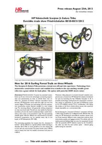 Press release August 23th, 2013 (for immediate release) HP Velotechnik Scorpion fs Enduro Trike Eurobike trade show Friedrichshafen
